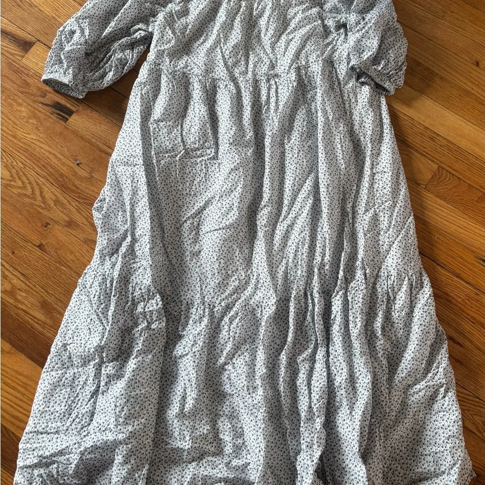 & Other Stories Size 6 White Wide Tiered Midi Long Sleeve Floral Blue Dress - Picture 2 of 8